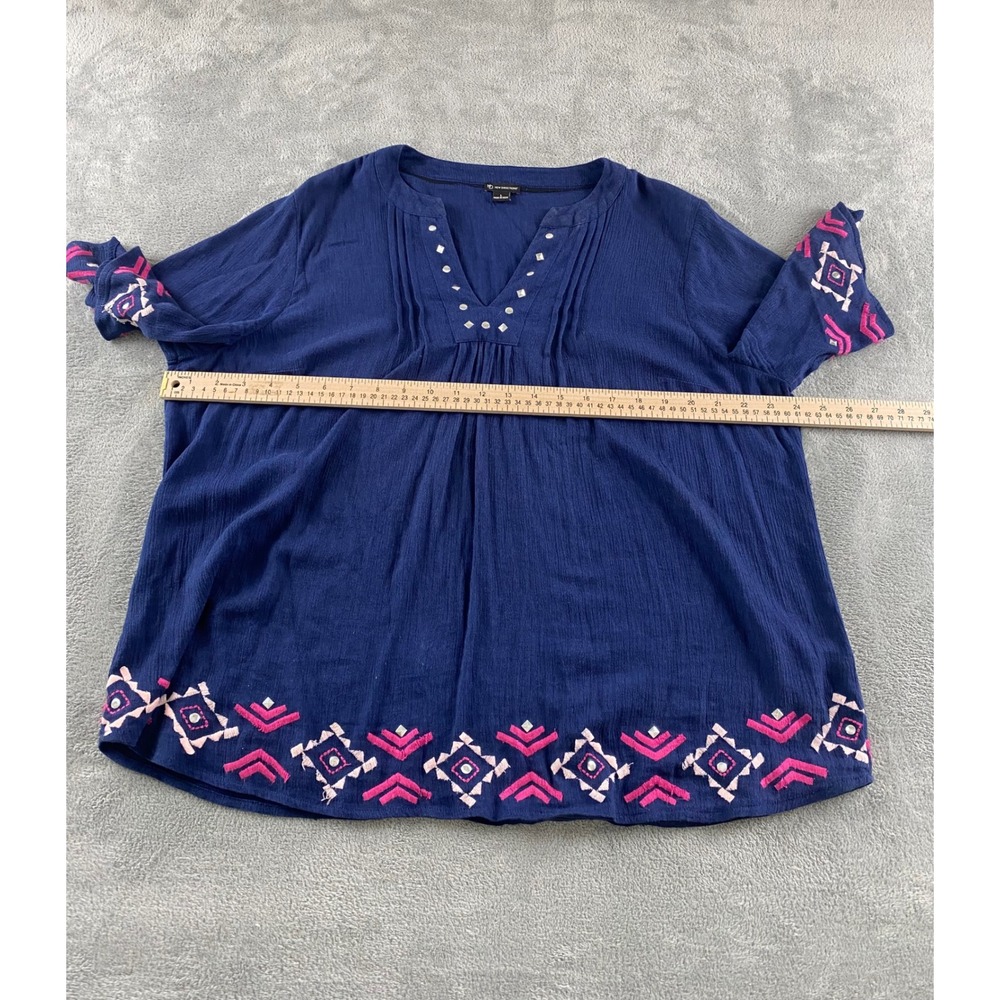 New Directions Navy Blue Embroidered Studded Peasant Blouse Top Womens Large L - Picture 7 of 13